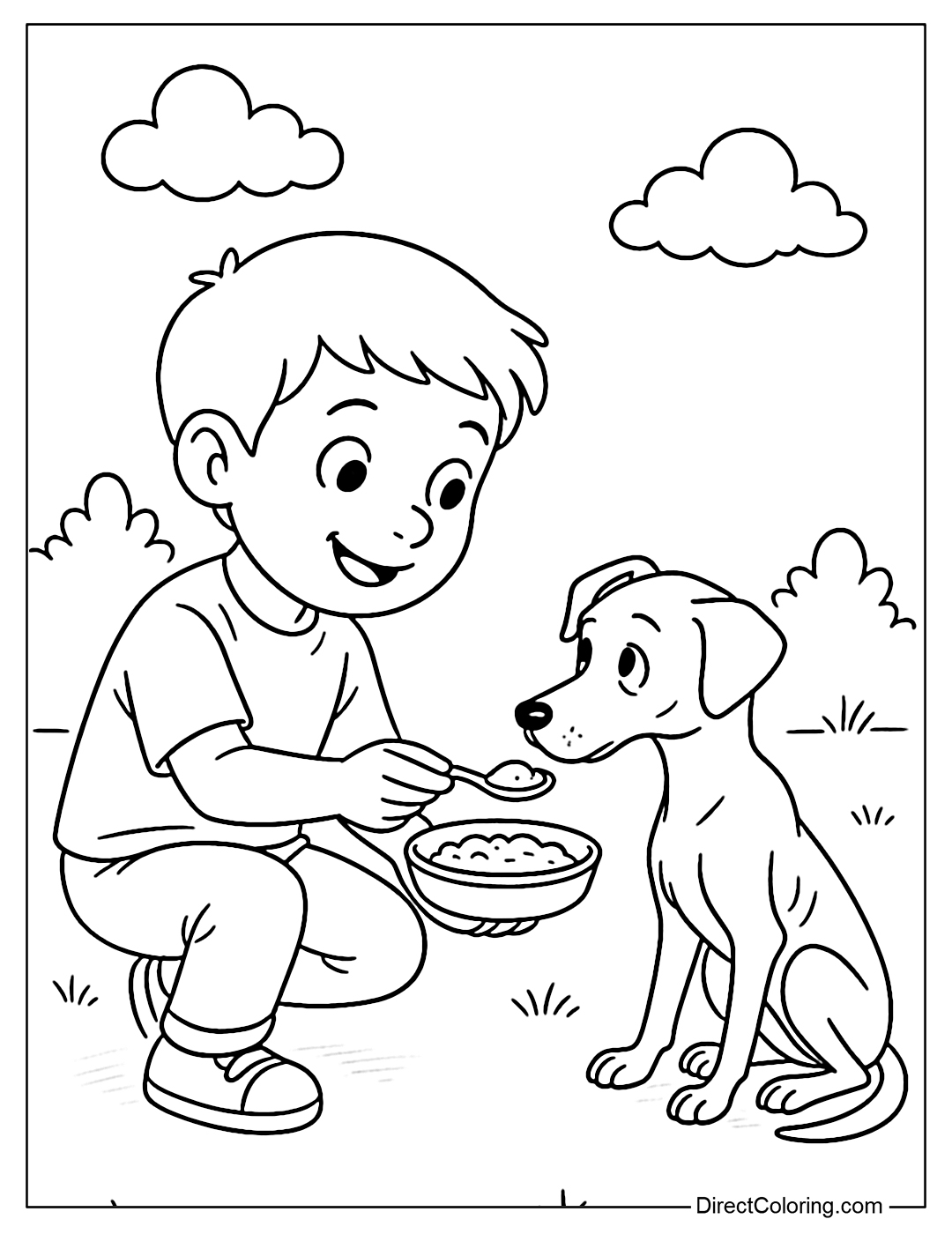 A coloring page where a child is feeding a skinny puppy, their eyes looking at each other tenderly.
